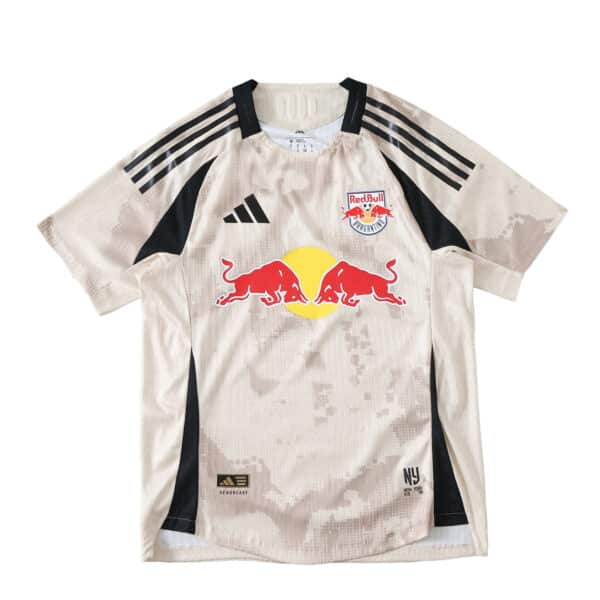 New York Red Bulls Away 2025/26 Player Version jersey, cream color with red and yellow bull logo.