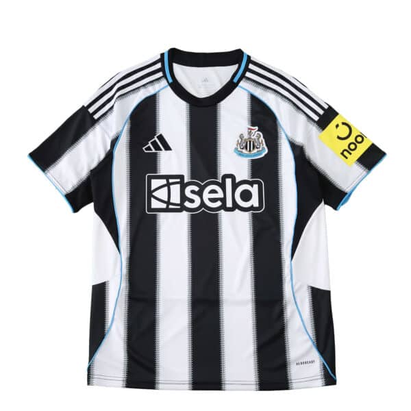 Newcastle United 2025/26 home fan jersey with black and white stripes, sponsor logos, and club badge.