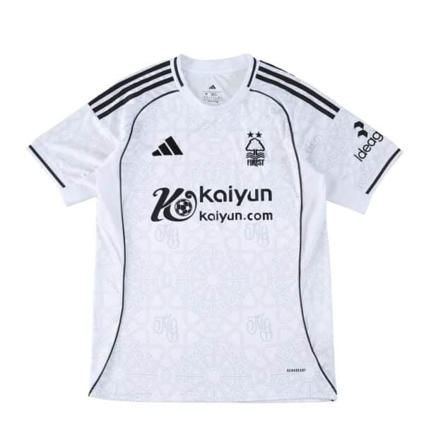 Nottingham Forest Away 2025/26 Fan Version jersey in white with black accents and sponsor logos.