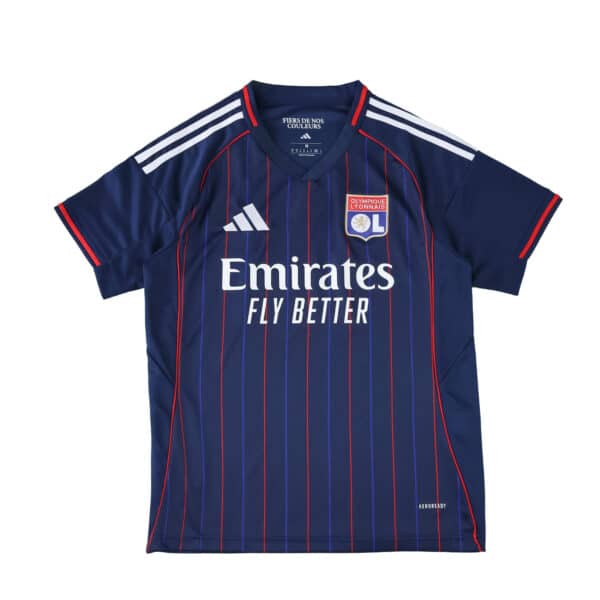 Olympique Lyonnais 2025/26 away fan jersey in navy with red pinstripes and white accents.