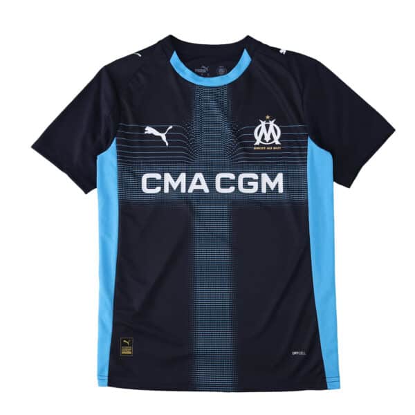 Olympique Marseille Away 2025/26 Fan Version jersey in navy blue with light blue side panels and sponsor logos.
