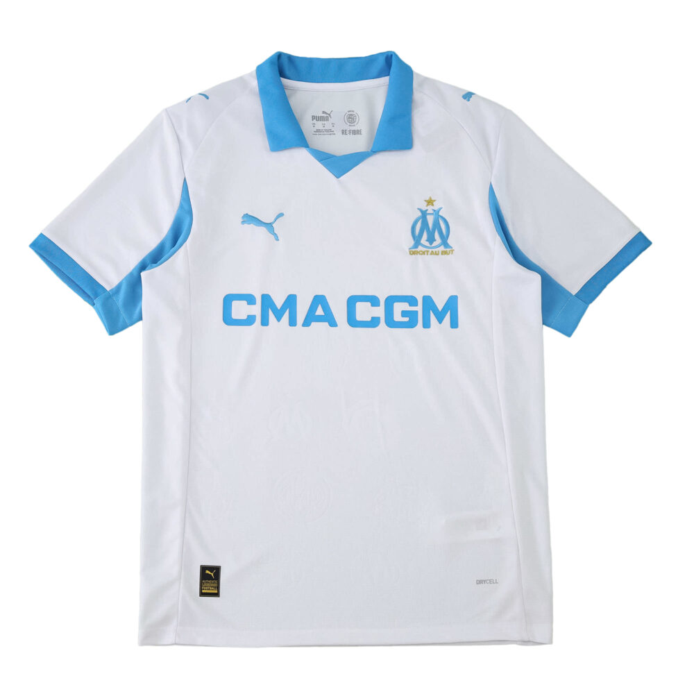 Olympique Marseille 2025/26 home fan jersey, white with blue accents, Puma logo, and CMA CGM sponsor.