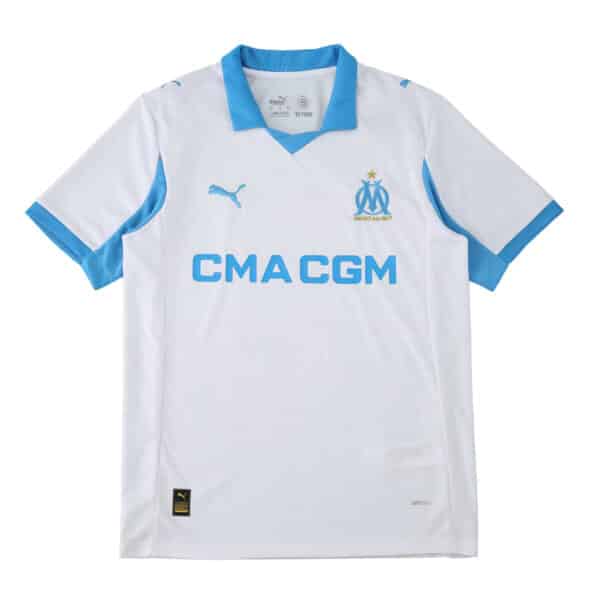 Olympique Marseille 2025/26 home fan jersey, white with blue accents, Puma logo, and CMA CGM sponsor.