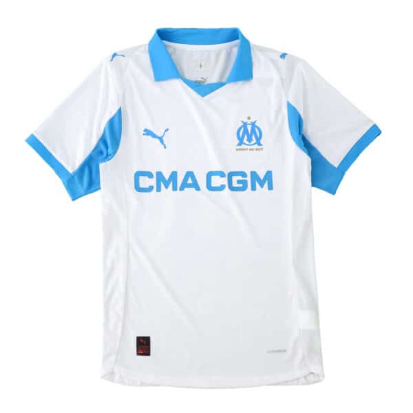 Olympique Marseille 2025/26 Home Player Version jersey, white with blue accents and sponsor logo on front.