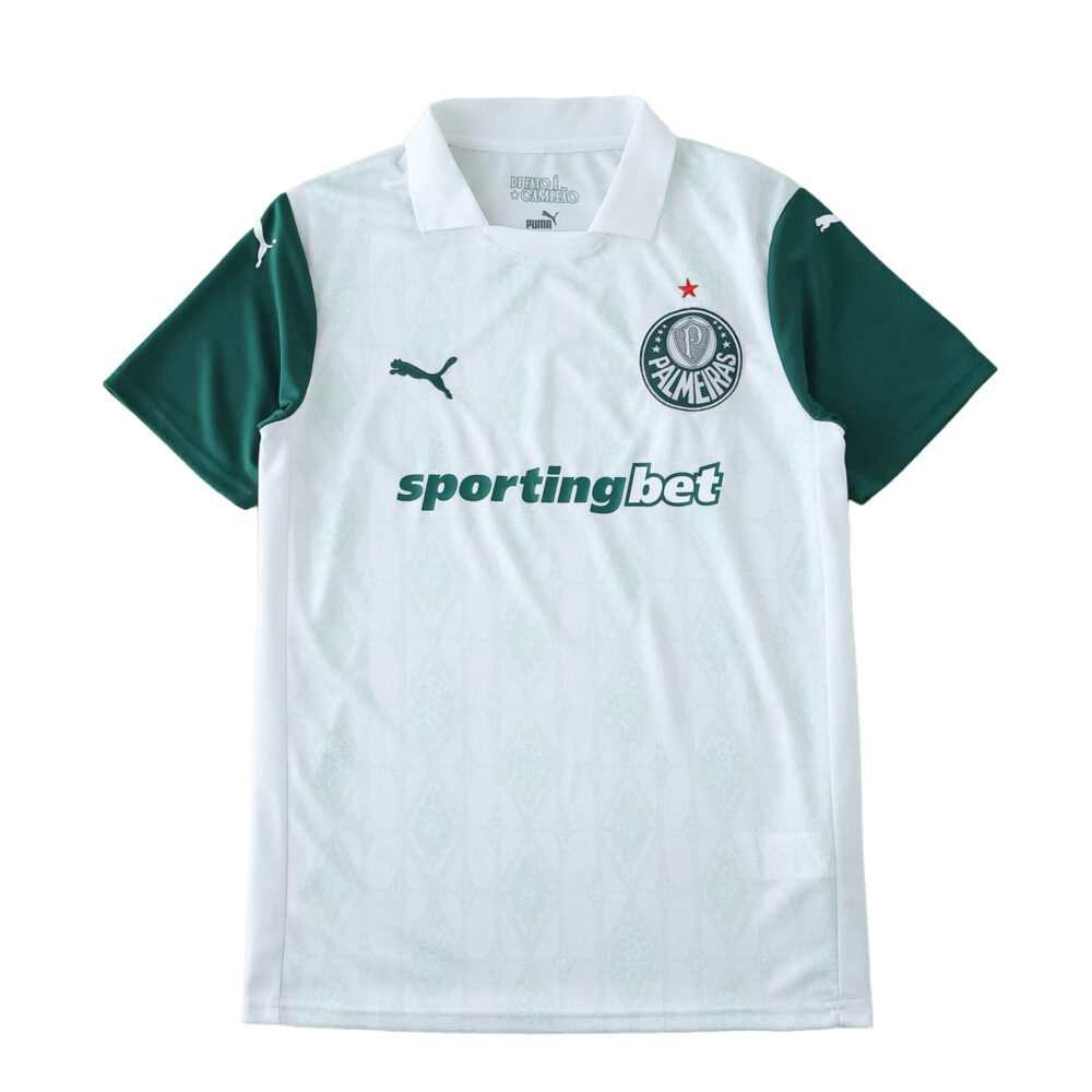 Palmeiras Away 2025/26 Fan Version jersey, white with green sleeves, Puma logo, club badge, and sponsor.
