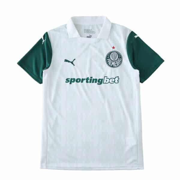 Palmeiras Away 2025/26 Fan Version jersey, white with green sleeves, Puma logo, club badge, and sponsor.