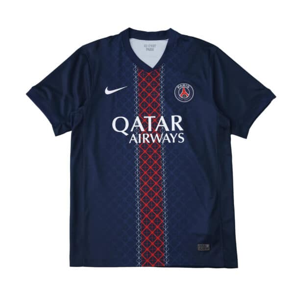 Paris Saint-Germain 2025/26 Home Fan Version jersey in navy with red and blue central stripe, Nike logo, and sponsor.