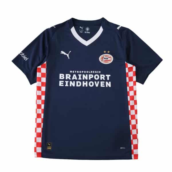 PSV Eindhoven Away 2025/26 Fan Version jersey, navy with red and white checkered side panels.