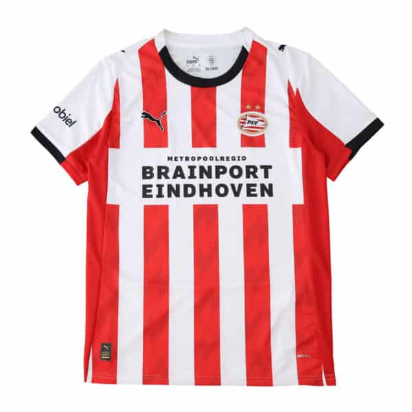 PSV Eindhoven 2025/26 home fan jersey with red and white stripes, Puma logo, and sponsor branding.