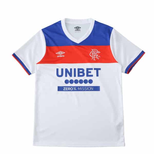 Rangers Away 2025/26 Fan Version jersey, white with blue and red chest stripes and sponsor logos.