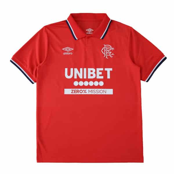 Rangers Third 2025/26 Fan Version red jersey with white and navy trim, club crest, Umbro logo, UNIBET sponsor.