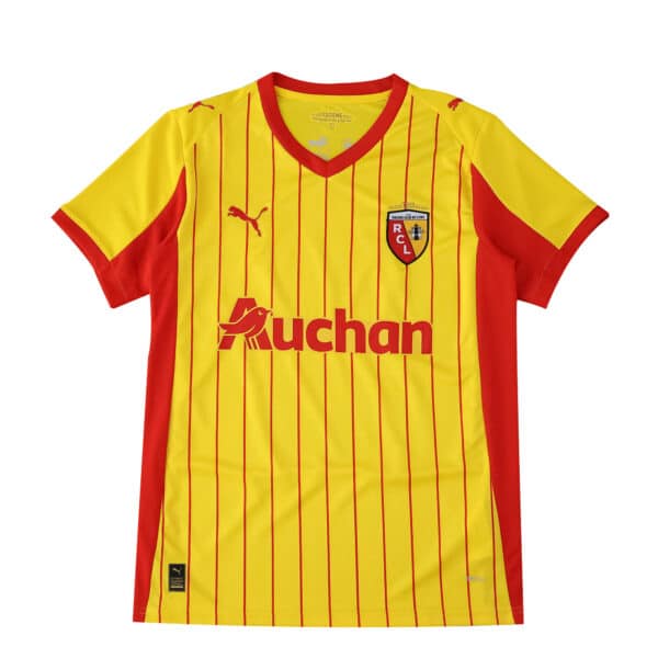 RC Lens 2025/26 home fan jersey, yellow with red stripes, Auchan sponsor and Puma logo on chest.