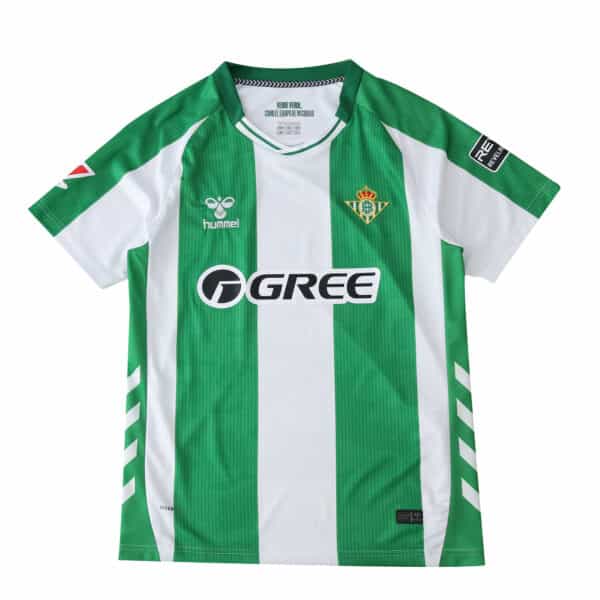 Real Betis 2025/26 home fan version jersey with green and white vertical stripes, sponsor logos, and club crest.