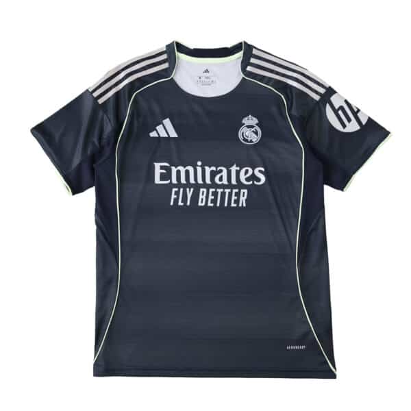 Real Madrid 2025/26 away fan jersey, dark color with white accents, sponsor and club logos on front.