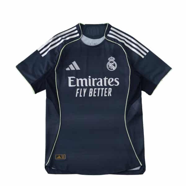 Real Madrid Away 2025/26 Player Version jersey in dark navy with white accents and sponsor logo.