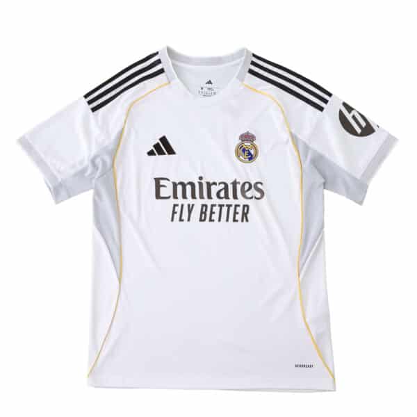 Real Madrid 2025/26 home fan jersey, white with black stripes and gold accents, club crest on chest.
