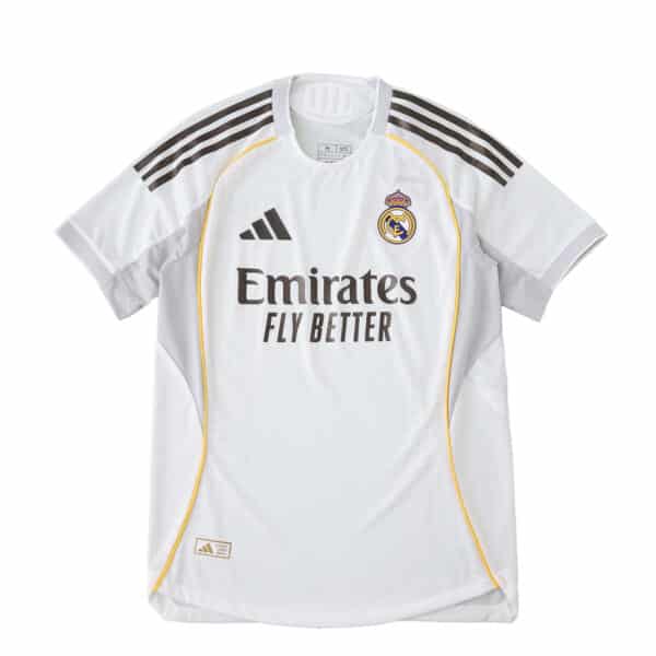 Real Madrid Home 2025/26 Player Version jersey in white with black stripes and gold accents, front view.