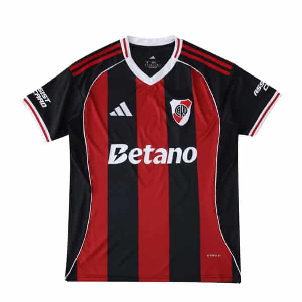 River Plate Away 2025/26 Fan Version jersey with red and black stripes, Adidas logo, and Betano sponsor.