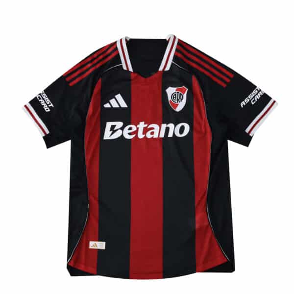 River Plate Away 2025/26 Player Version jersey in black and red stripes with sponsor and club logo.