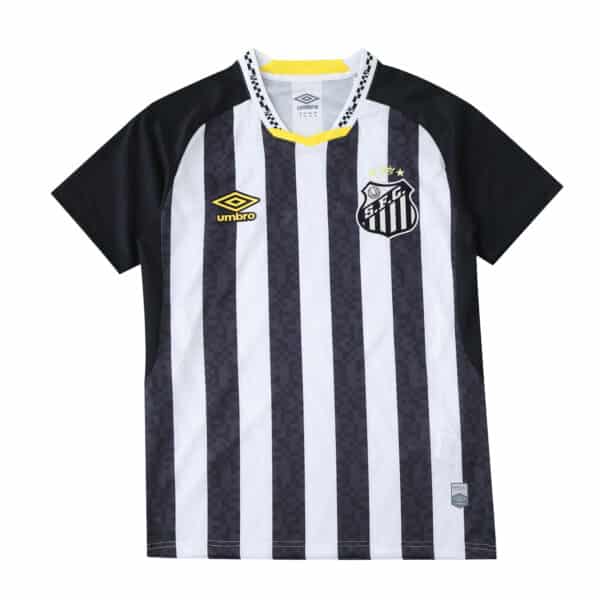 Santos FC Away 2025/26 Fan Version jersey in black and white vertical stripes with club crest and Umbro logo.