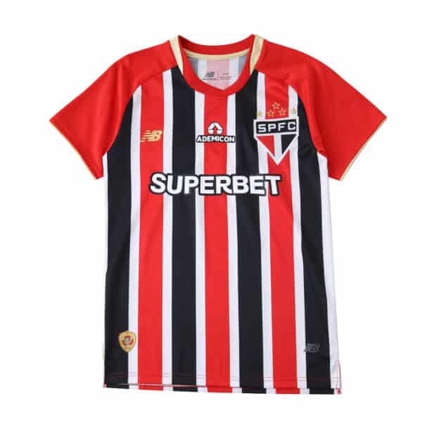 São Paulo FC 2025/26 away fan jersey with red, black, and white stripes displayed on a white background.