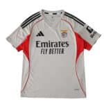 SL Benfica 2025/26 away fan jersey in white with red accents, black stripes, and club crest on chest.