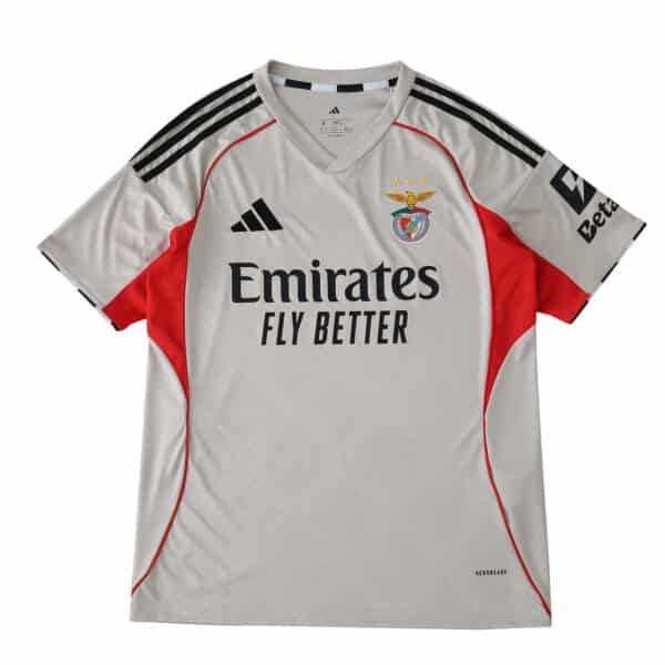 SL Benfica 2025/26 away fan jersey in white with red accents, black stripes, and club crest on chest.