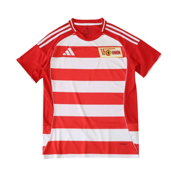 Union Berlin 2025/26 home fan jersey with red and white stripes, club crest, and Adidas logo.