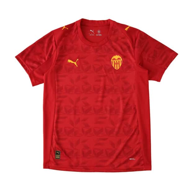 Valencia Away 2025/26 Fan Version jersey in red with yellow Puma logo and club crest on the chest.