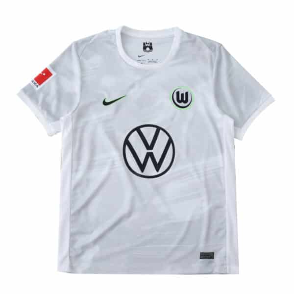 VfL Wolfsburg Away 2025/26 Fan Version jersey, white with green accents and Volkswagen logo.