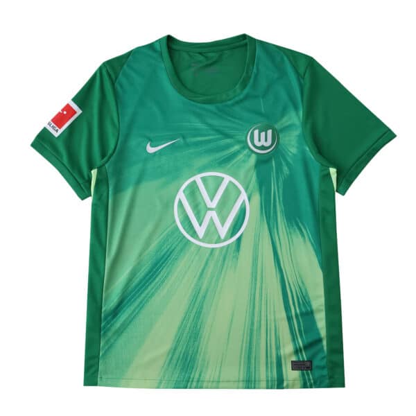 VfL Wolfsburg 2025/26 home fan jersey in green with team, Nike, VW logos and Bundesliga patch.