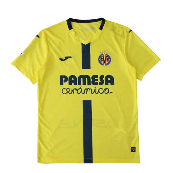 Villarreal CF 2025/26 home player version jersey in yellow with blue vertical stripe and sponsor logos.