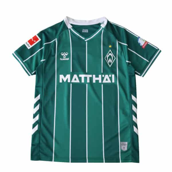 Werder Bremen Home 2025/26 Fan Version jersey in green with white stripes, club logo, and sponsor logos.