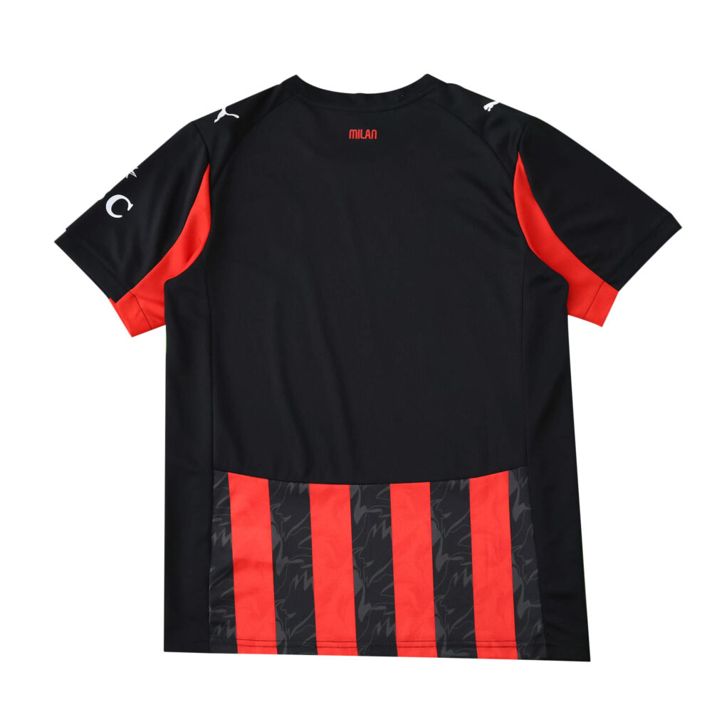 Back view of AC Milan Home 2025/26 Fan Version jersey, black with red accents and vertical stripes.