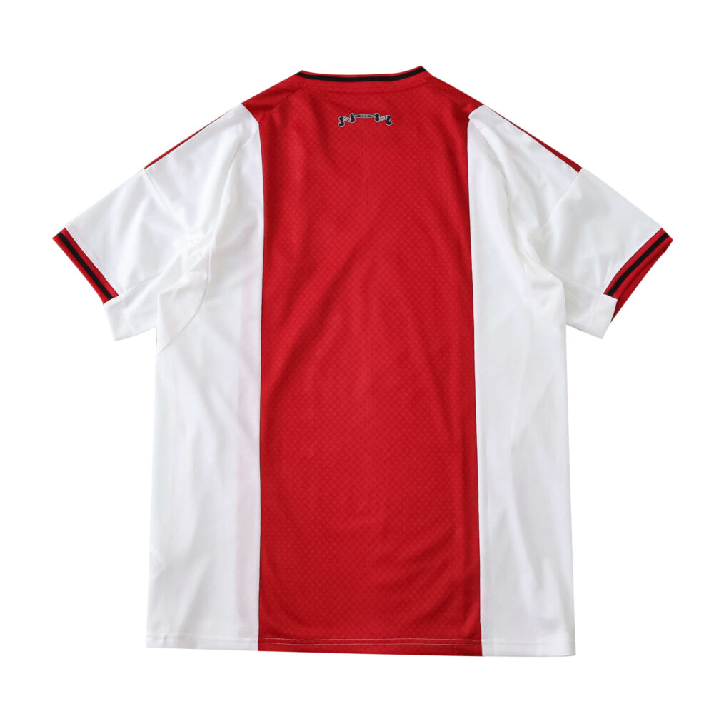 Back view of Ajax Home 2025/26 Fan Version jersey featuring red and white vertical panels.
