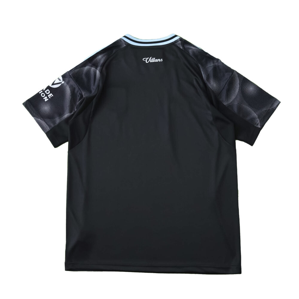 Back view of Aston Villa Away 2025/26 Fan Version jersey, featuring black body and patterned sleeves.