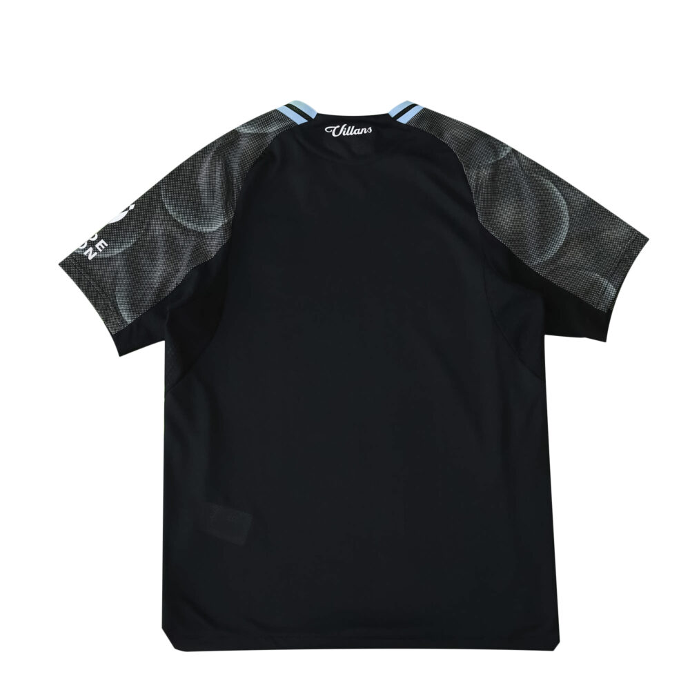 Back view of Aston Villa Away 2025/26 Player Version jersey, black with patterned sleeves and blue neck detail.