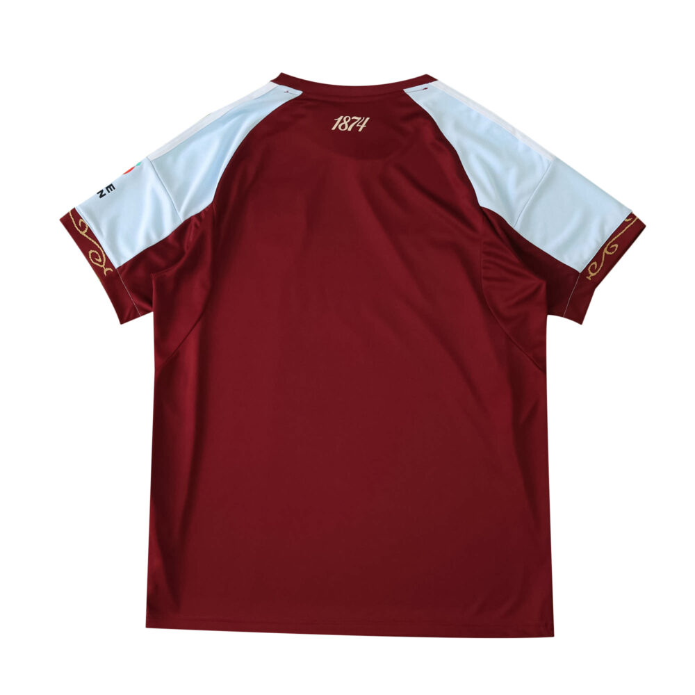 Back view of Aston Villa 2025/26 Home Fan Version jersey in claret with light blue sleeves and "1874" on the neck.