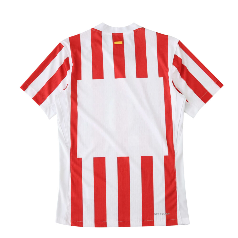 Back view of Atlético Madrid 2025/26 Home Player Version jersey with red and white stripes and Spanish flag detail.