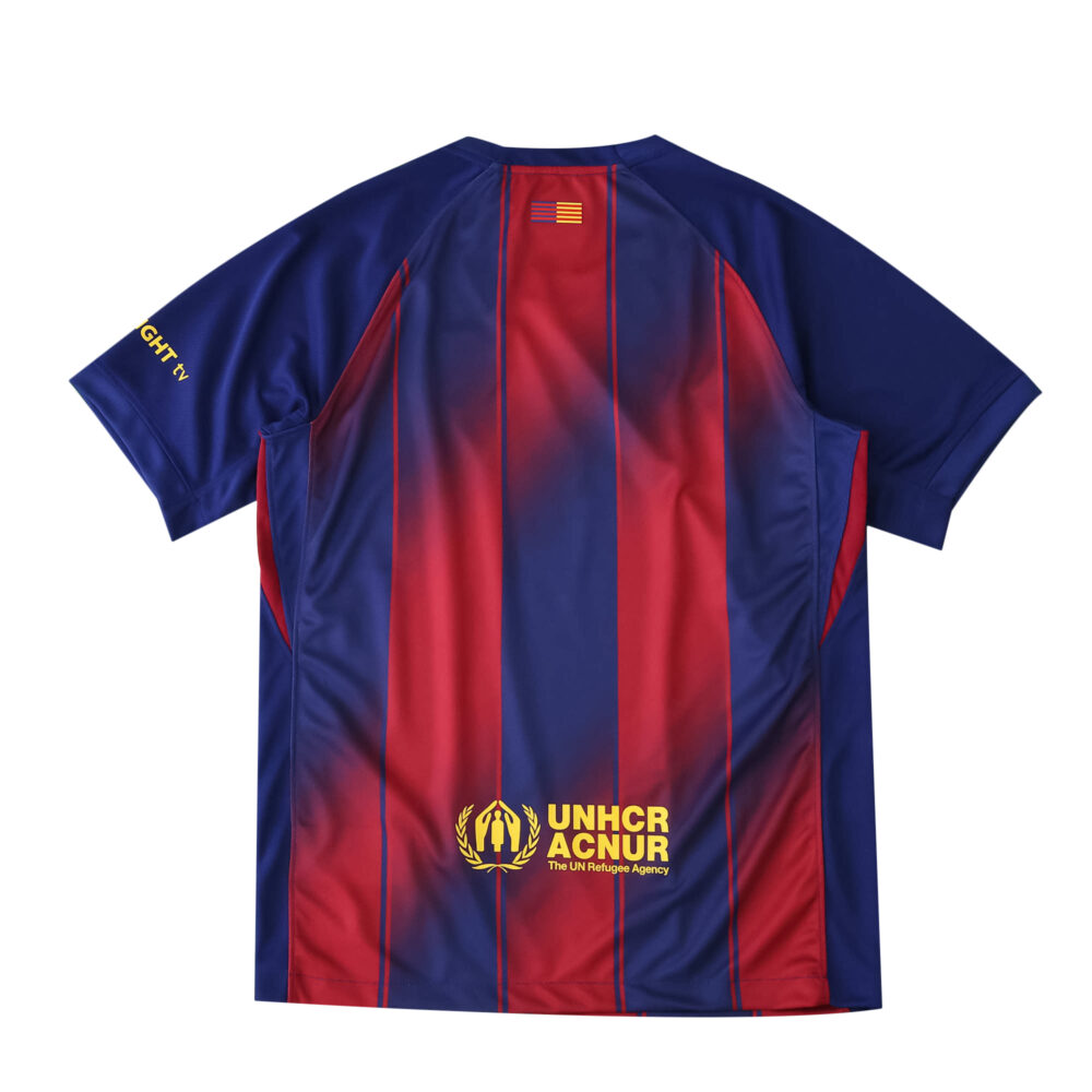 Back view of the 2025/26 Barcelona Home Fan Version jersey with UNHCR sponsor and red-blue stripes.