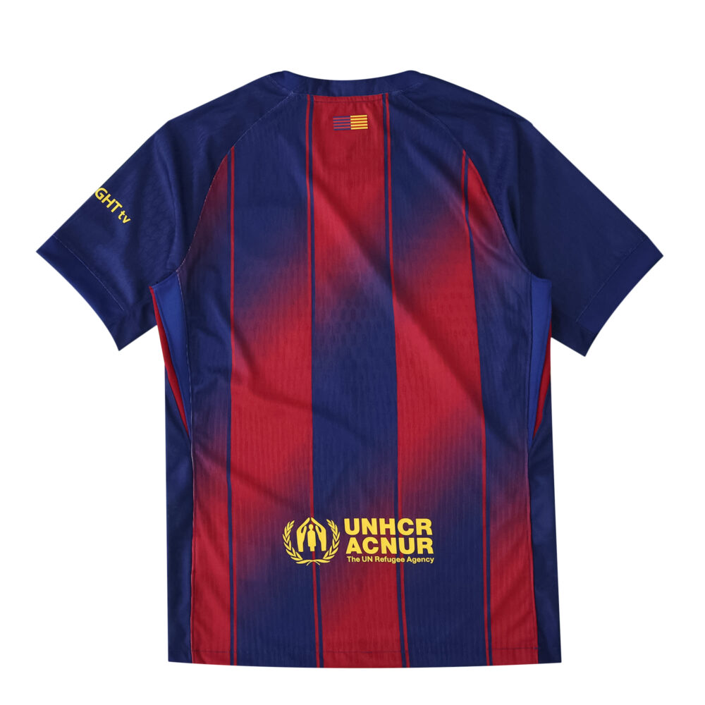 Back view of the Barcelona Home 2025/26 Player Version jersey featuring red and blue stripes and sponsor logos.