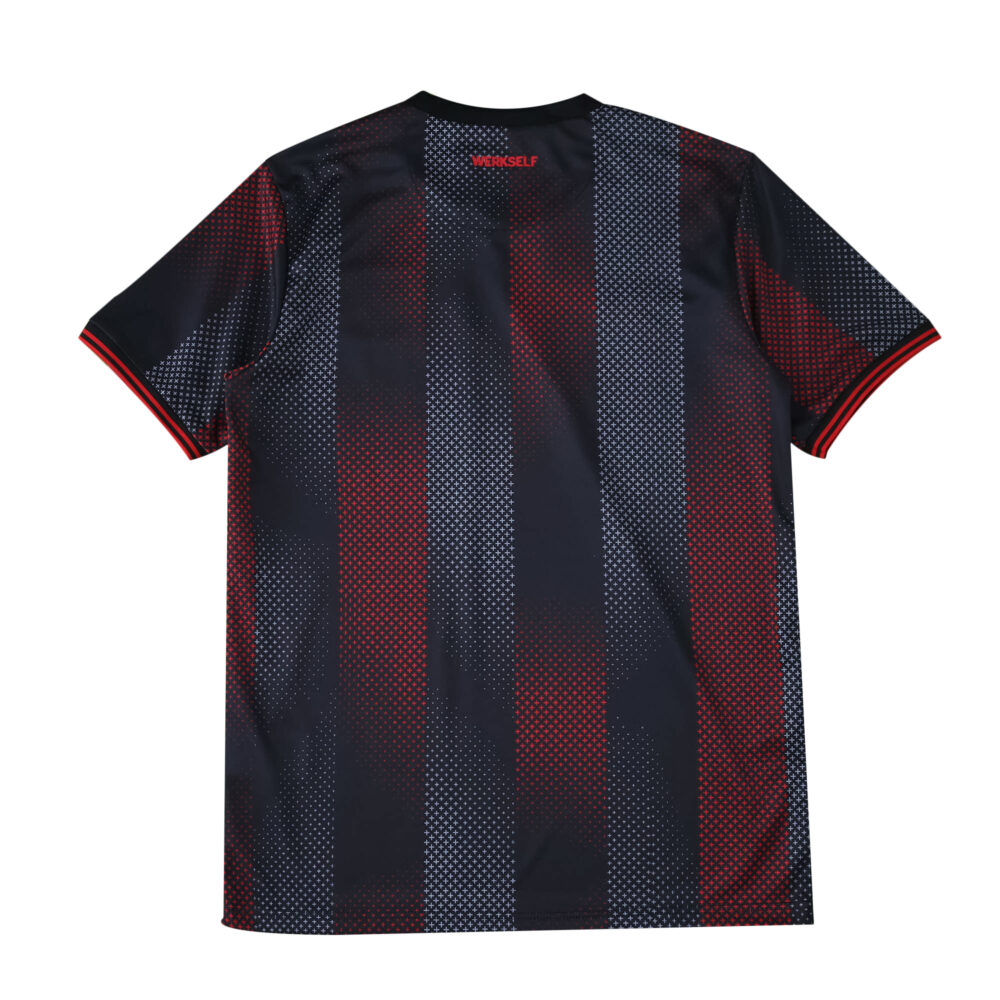 Back view of Bayer Leverkusen 2025/26 Home Fan Version jersey with red and black patterned vertical stripes.