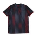 Back view of Bayer Leverkusen 2025/26 Home Fan Version jersey with red and black patterned vertical stripes.