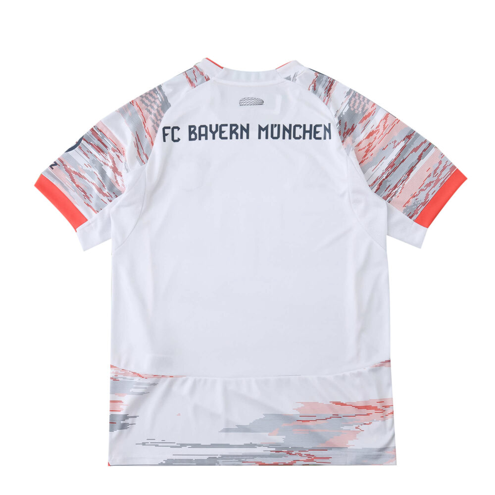 Back view of Bayern Munich Away 2025/26 fan jersey, white with red and gray graphic accents.