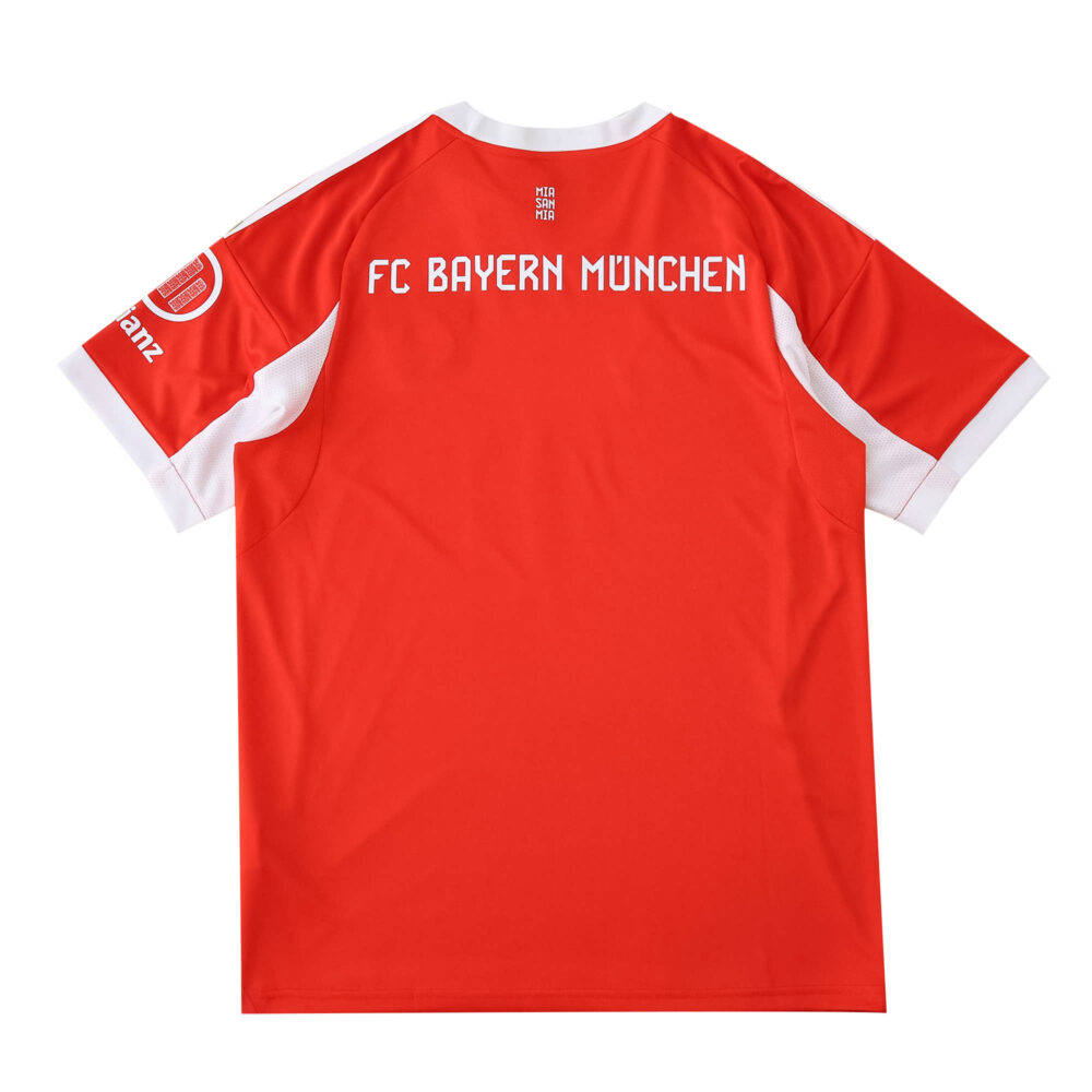 Back view of the 2025/26 Bayern Munich Home Fan Version jersey in red with white accents and team name text.