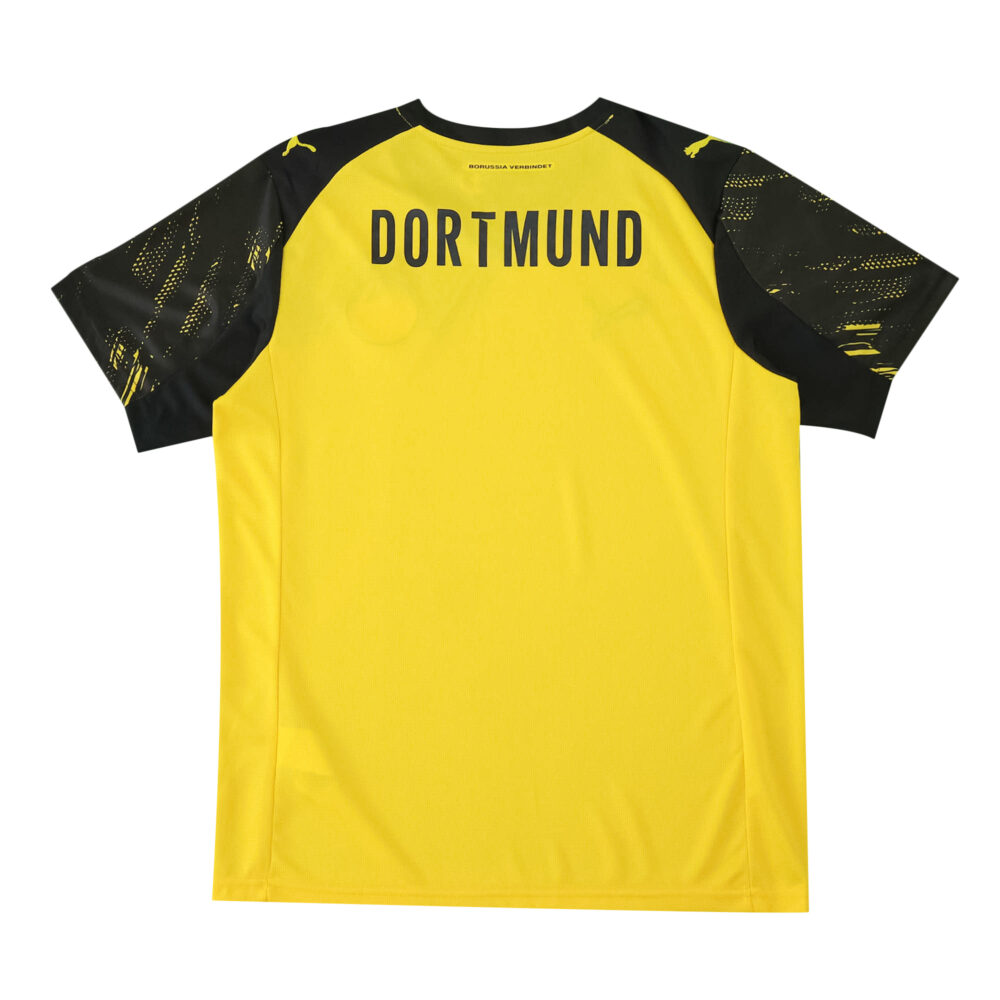 Back view of Borussia Dortmund 2025/26 home fan jersey, yellow with black sleeves and "DORTMUND" text.