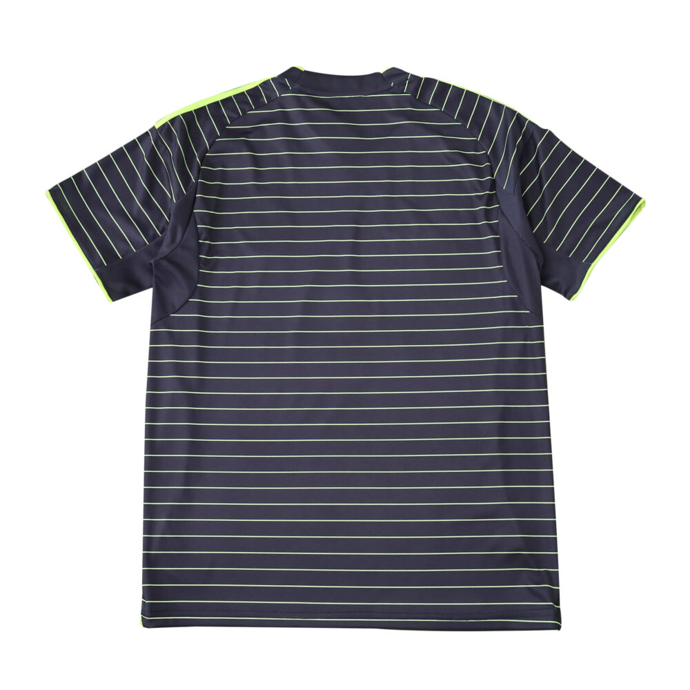 Back view of Celtic Away 2025/26 Fan Version jersey with thin horizontal white stripes on dark fabric.