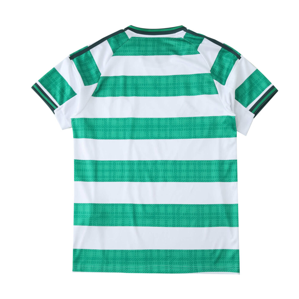 Back view of the 2025/26 Celtic Home fan jersey with green and white horizontal stripes.