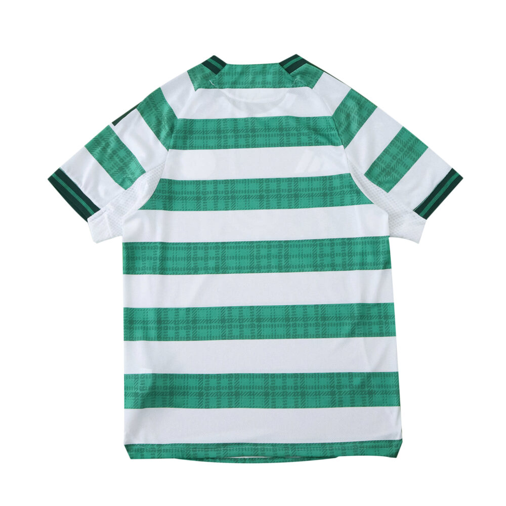 Back view of Celtic Home 2025/26 Player Version jersey with green and white horizontal stripes.