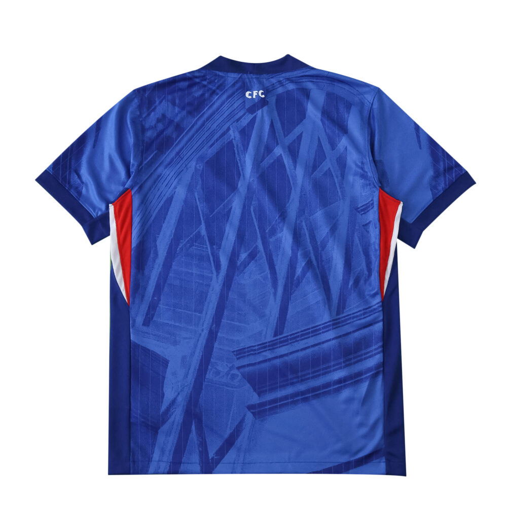 Back view of the Chelsea 2025/26 home fan jersey featuring blue geometric architectural patterns.